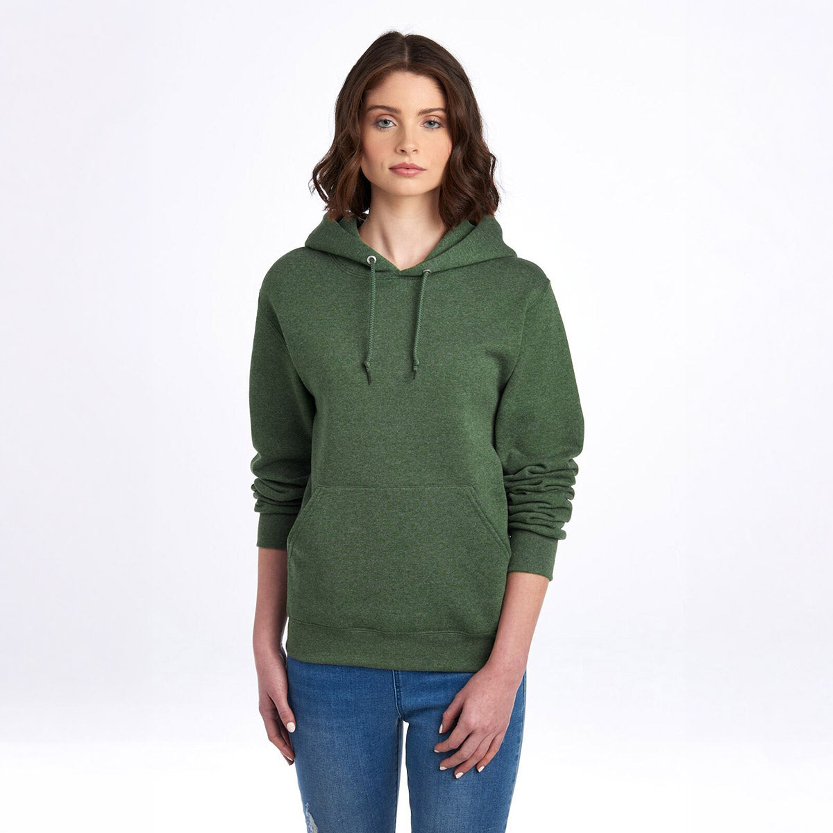 Model wearing a Military Green Heather Jerzees NuBlend Unisex Hooded Sweatshirt with jeans against a white background.
