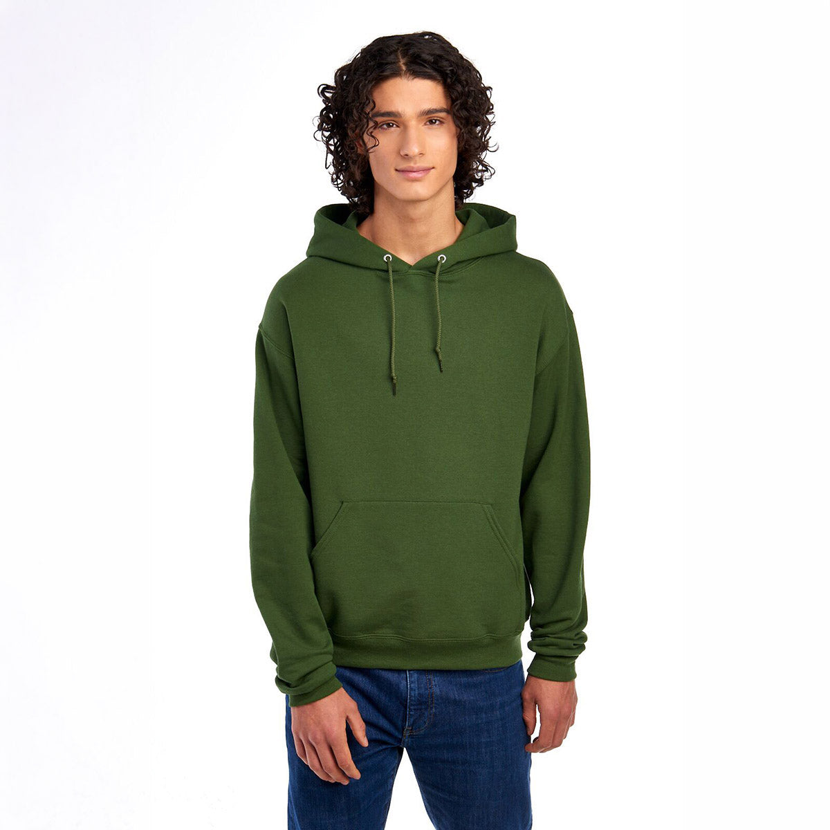 Model wearing a Military Green Jerzees NuBlend® Unisex Hooded Sweatshirt.