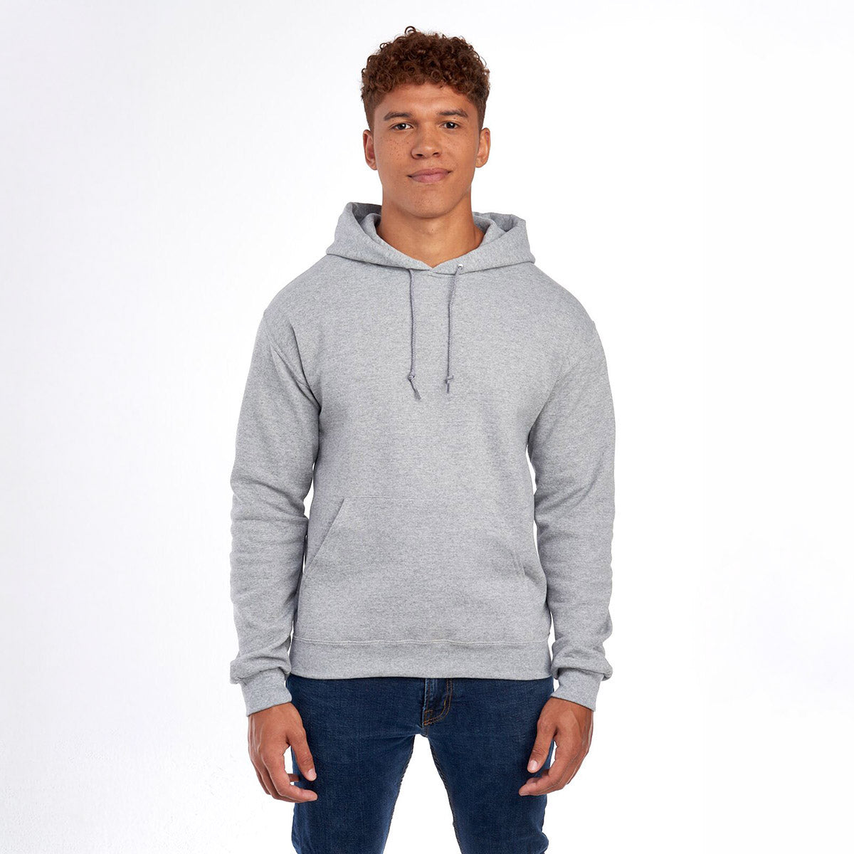 Man wearing a grey Oxford Jerzees NuBlend Unisex Hooded Sweatshirt.