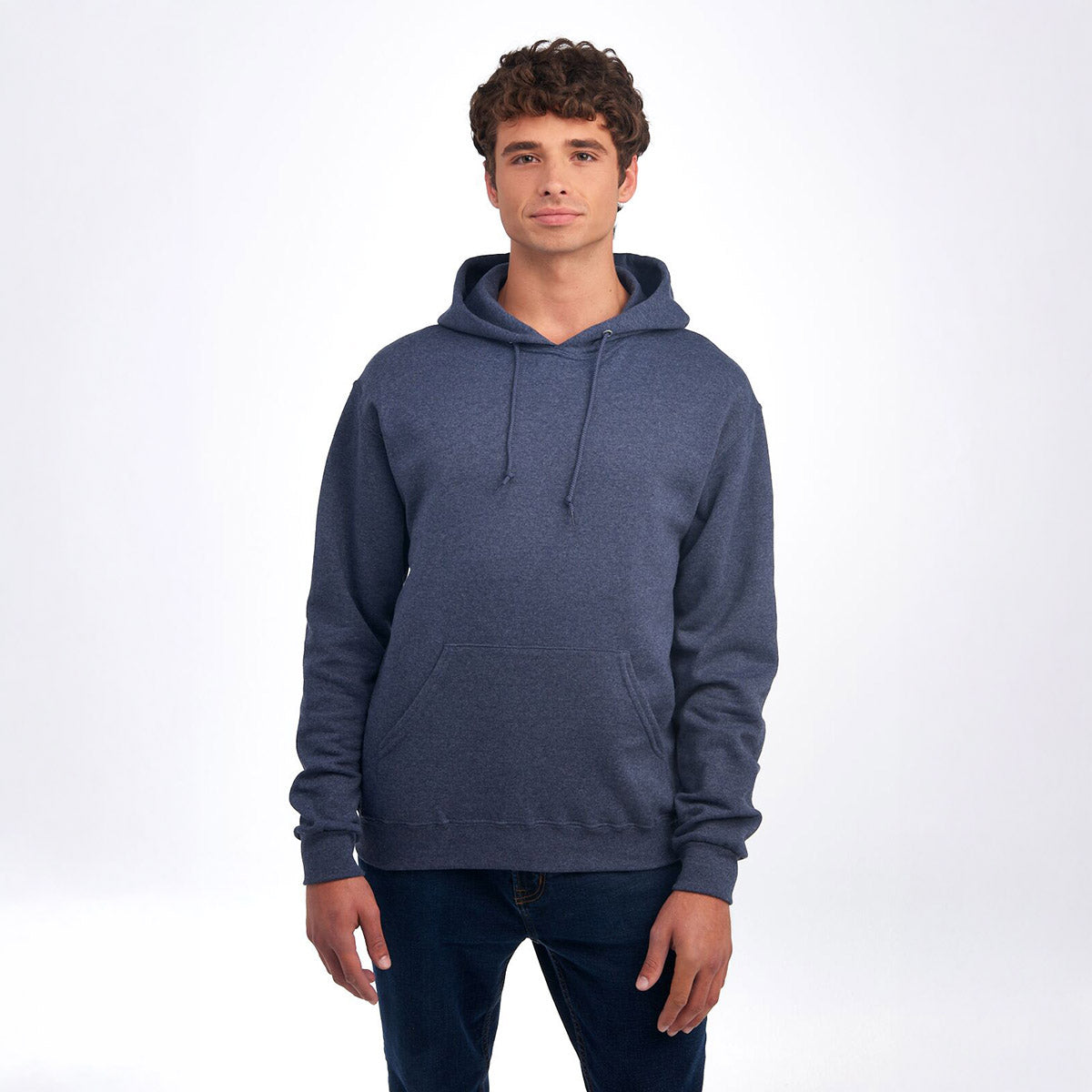 Jerzees NuBlend Unisex Hooded Sweatshirt in Vintage Heather Navy worn by a man.
