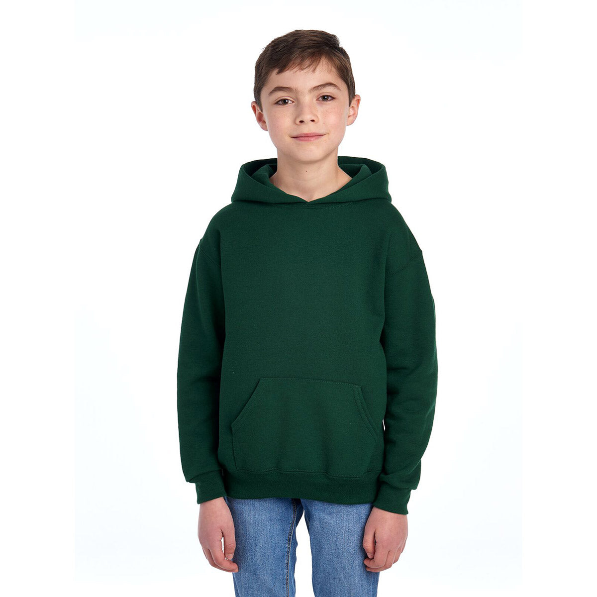 Youth model wearing a Forest Green Jerzees NuBlend® Youth Hooded Sweatshirt against a white background.