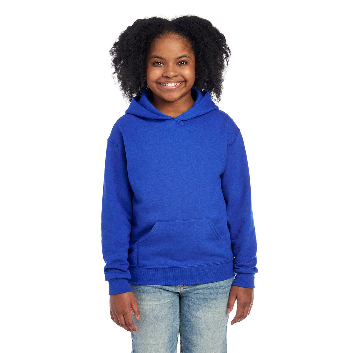 A young girl wearing a royal blue Jerzees NuBlend® Youth Hooded Sweatshirt against a white background.