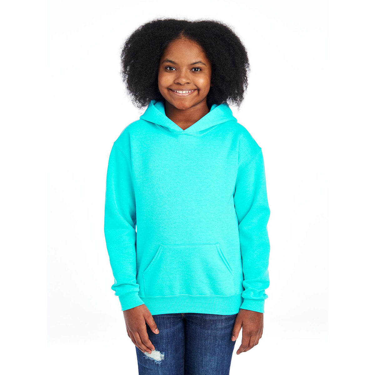 Youth wearing a Scuba Blue Jerzees NuBlend® Youth Hooded Sweatshirt.