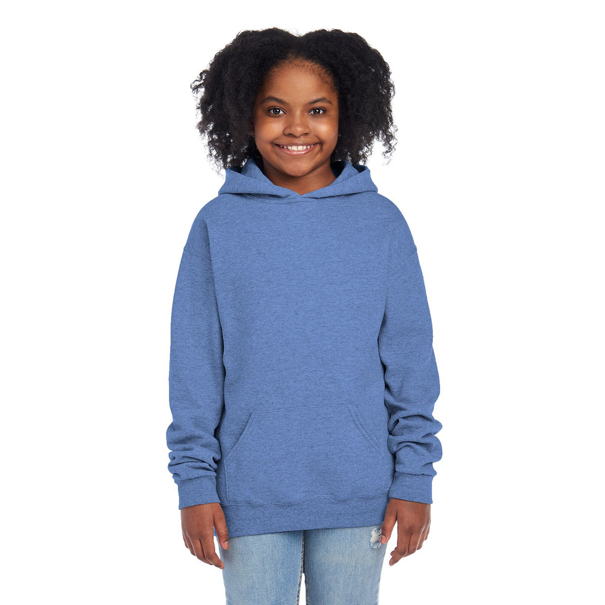 A smiling child wearing a Jerzees NuBlend® Youth Hooded Sweatshirt in vintage heather blue.