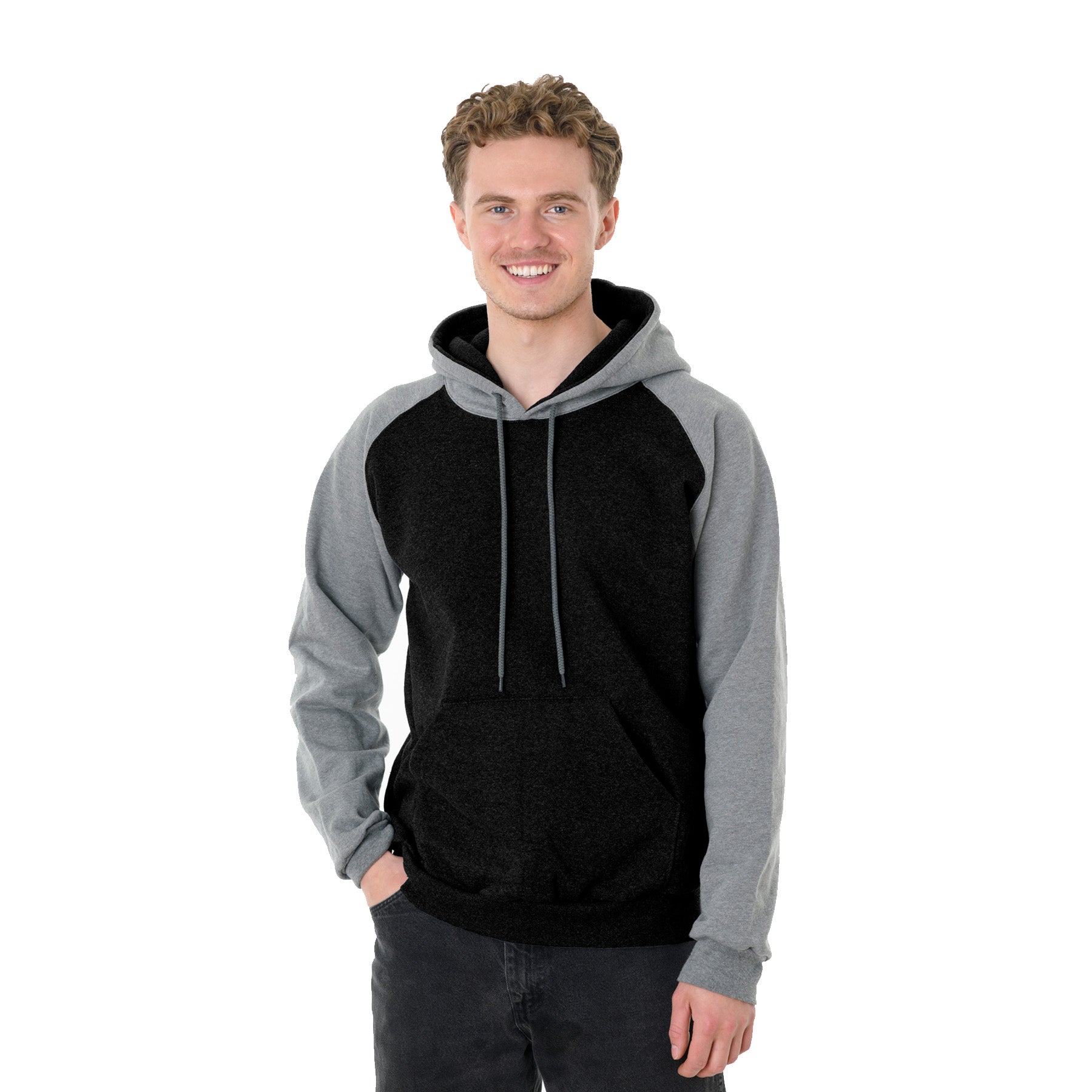 A smiling man wearing a King Athletics black and grey heather raglan hooded sweatshirt.