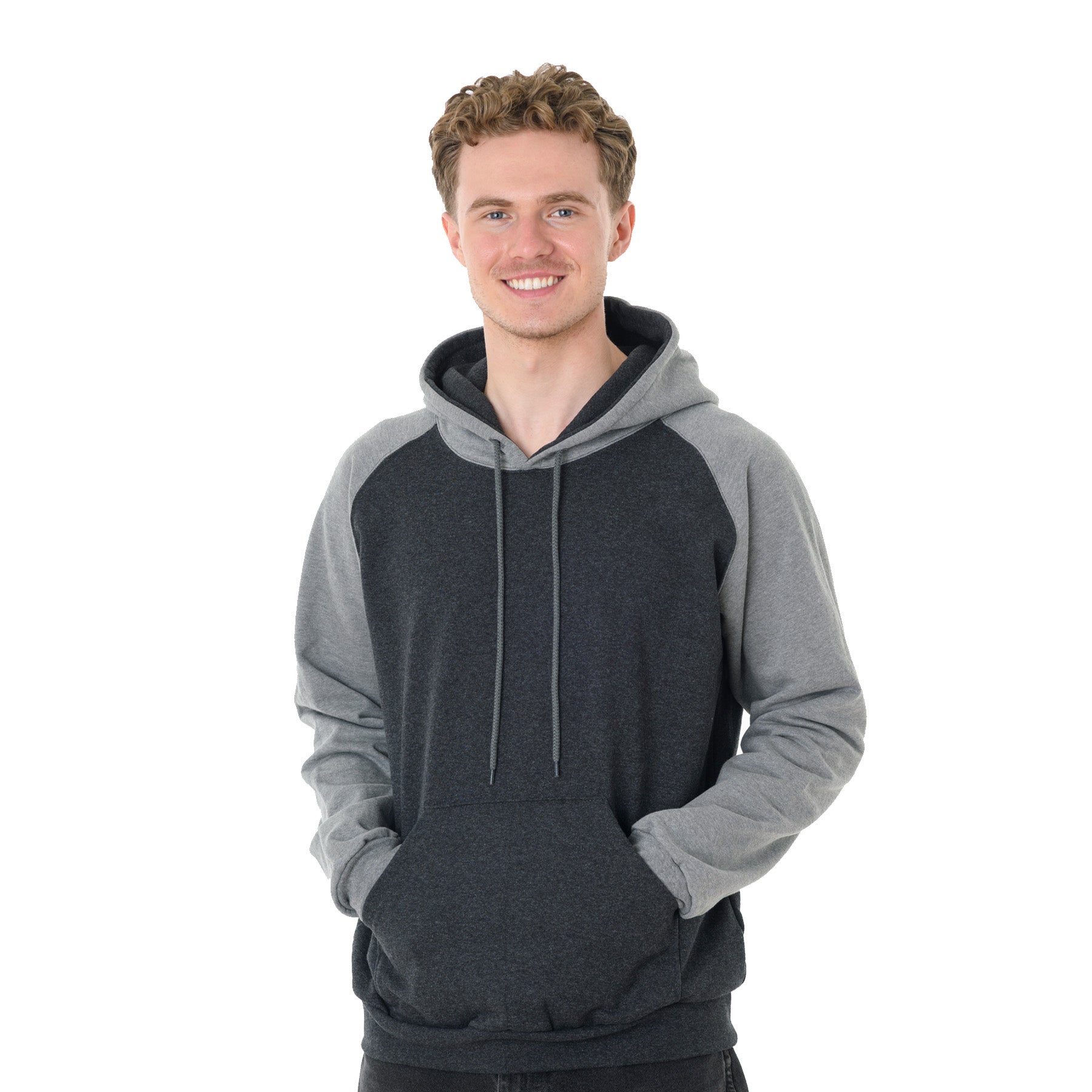 Smiling man wearing a King Athletics dark charcoal and heather grey raglan hooded sweatshirt.