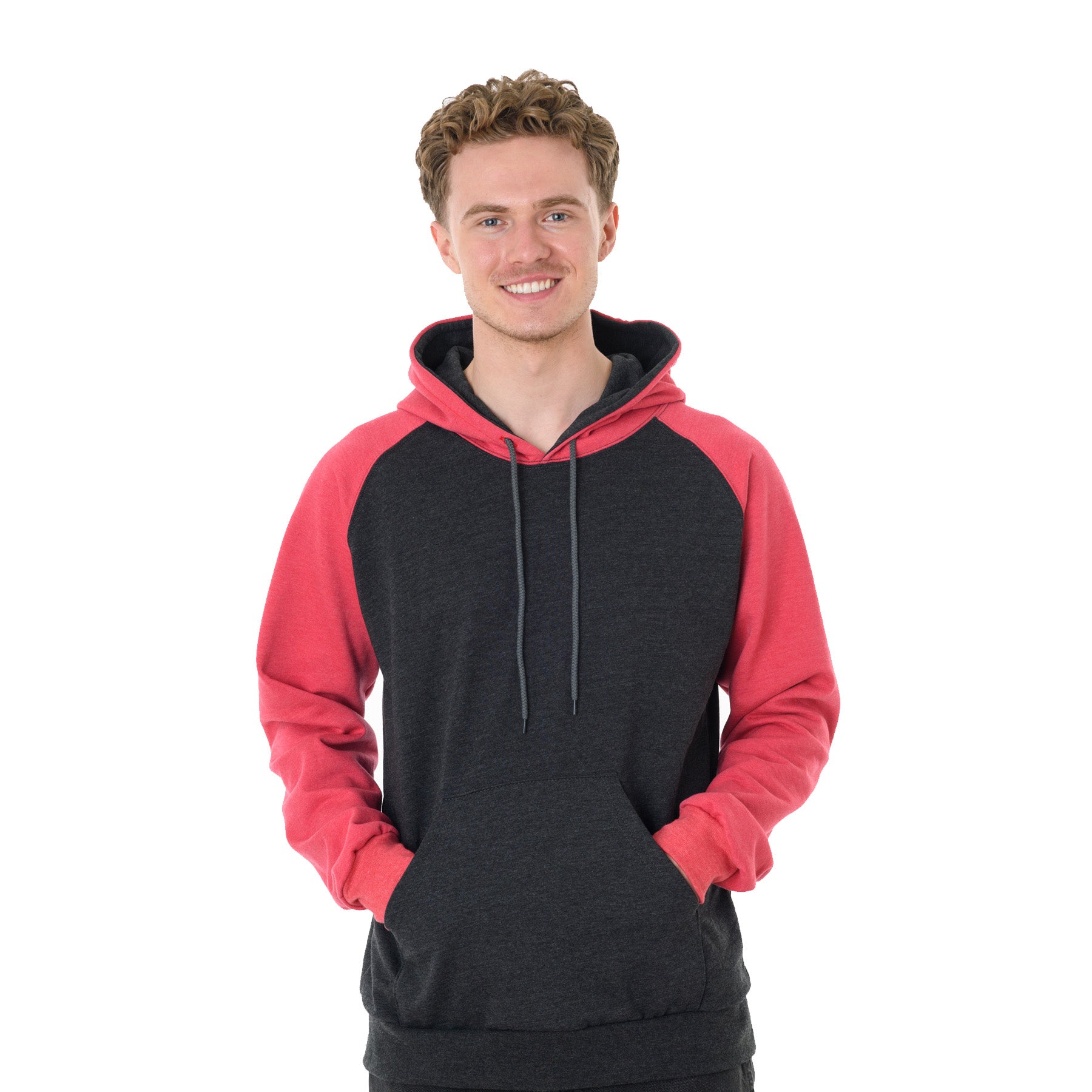 Young man wearing a King Athletics Raglan Hooded Sweatshirt in dark charcoal and heather red.