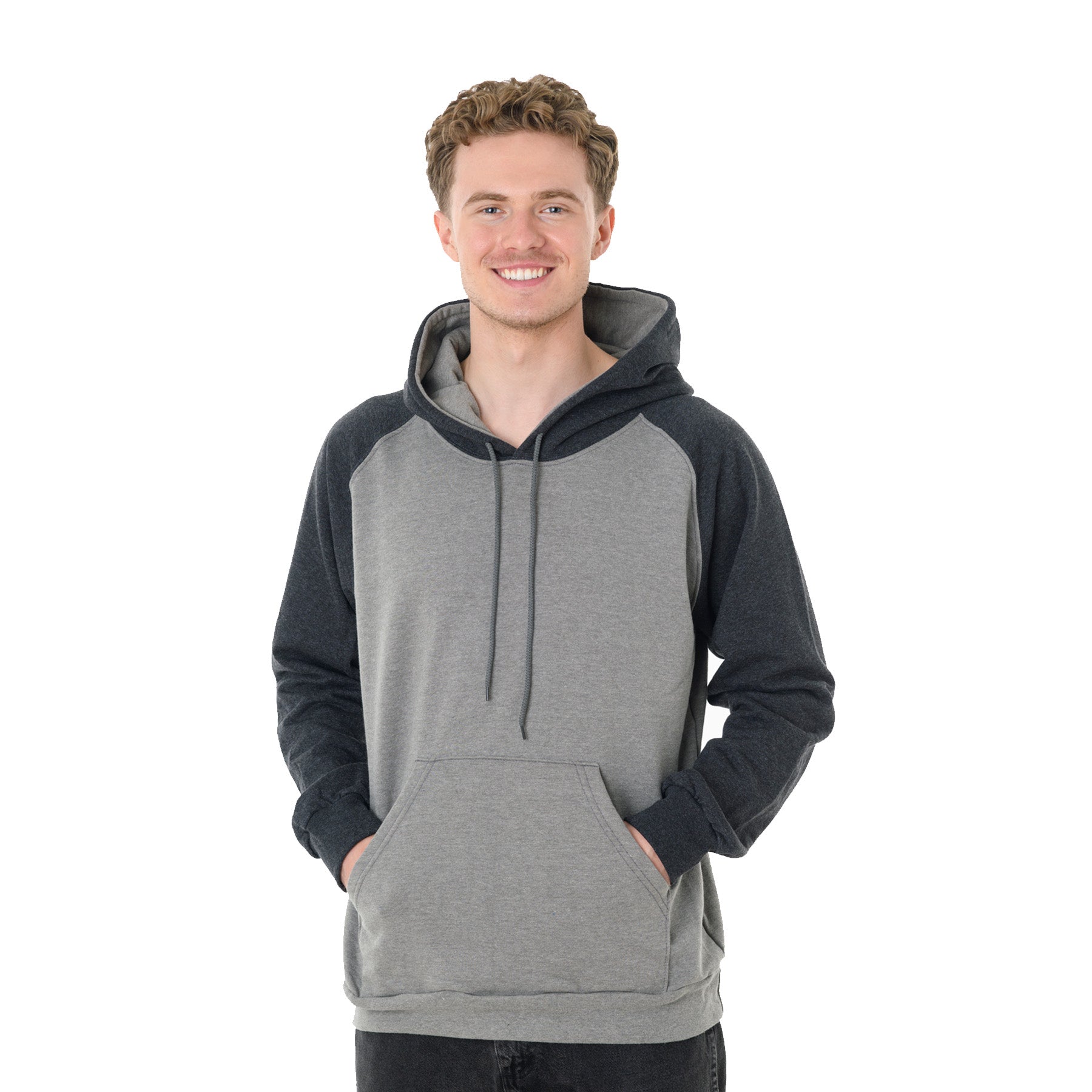 Man wearing a King Athletics Raglan Hooded Sweatshirt in Grey Heather and Dark Charcoal.