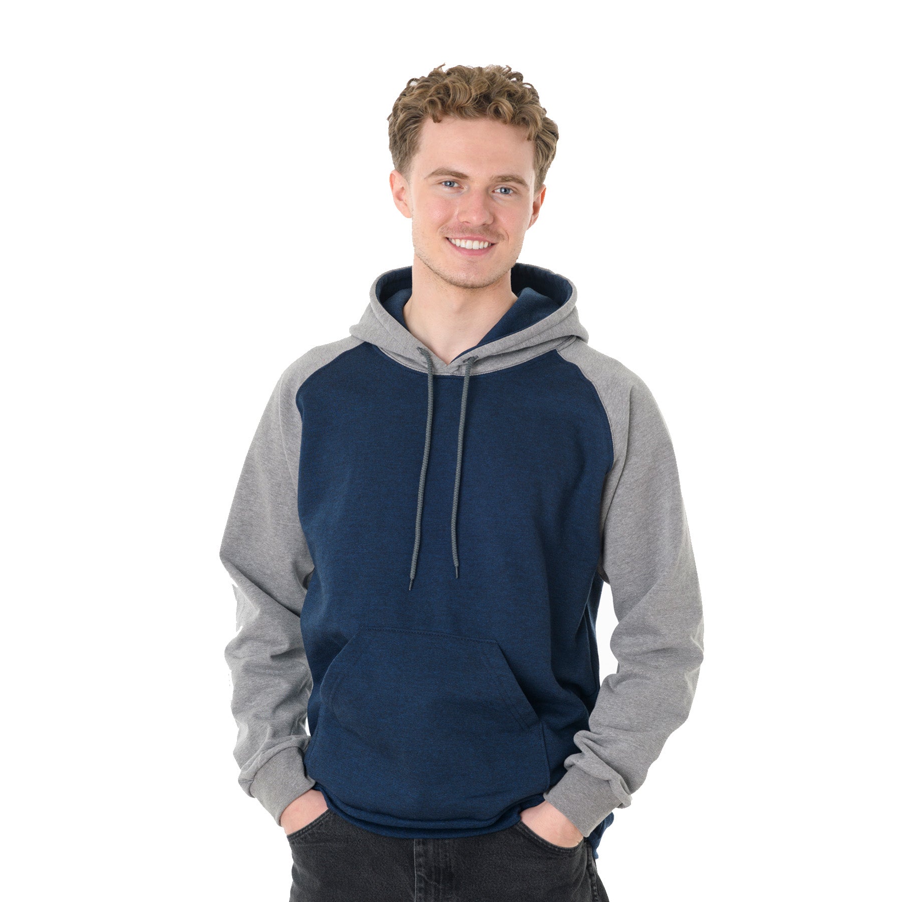 Young man wearing a King Athletics Raglan Hooded Sweatshirt in Heather Navy and Grey Heather.