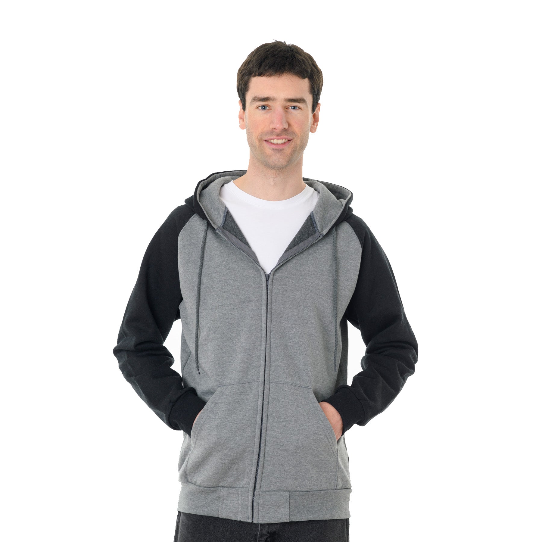 Man wearing a Grey Heather and Black King Athletics Raglan Hooded Full-Zip Sweatshirt.