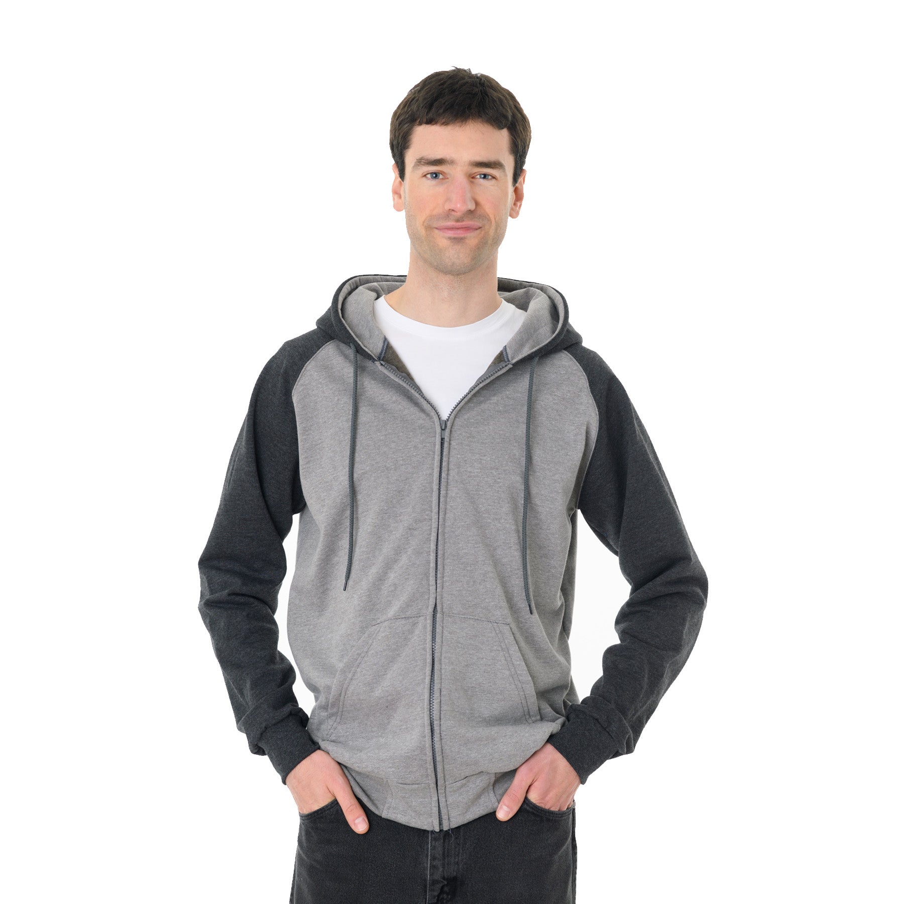 Man wearing a King Athletics Raglan Hooded Full-Zip Sweatshirt in grey heather and dark charcoal.