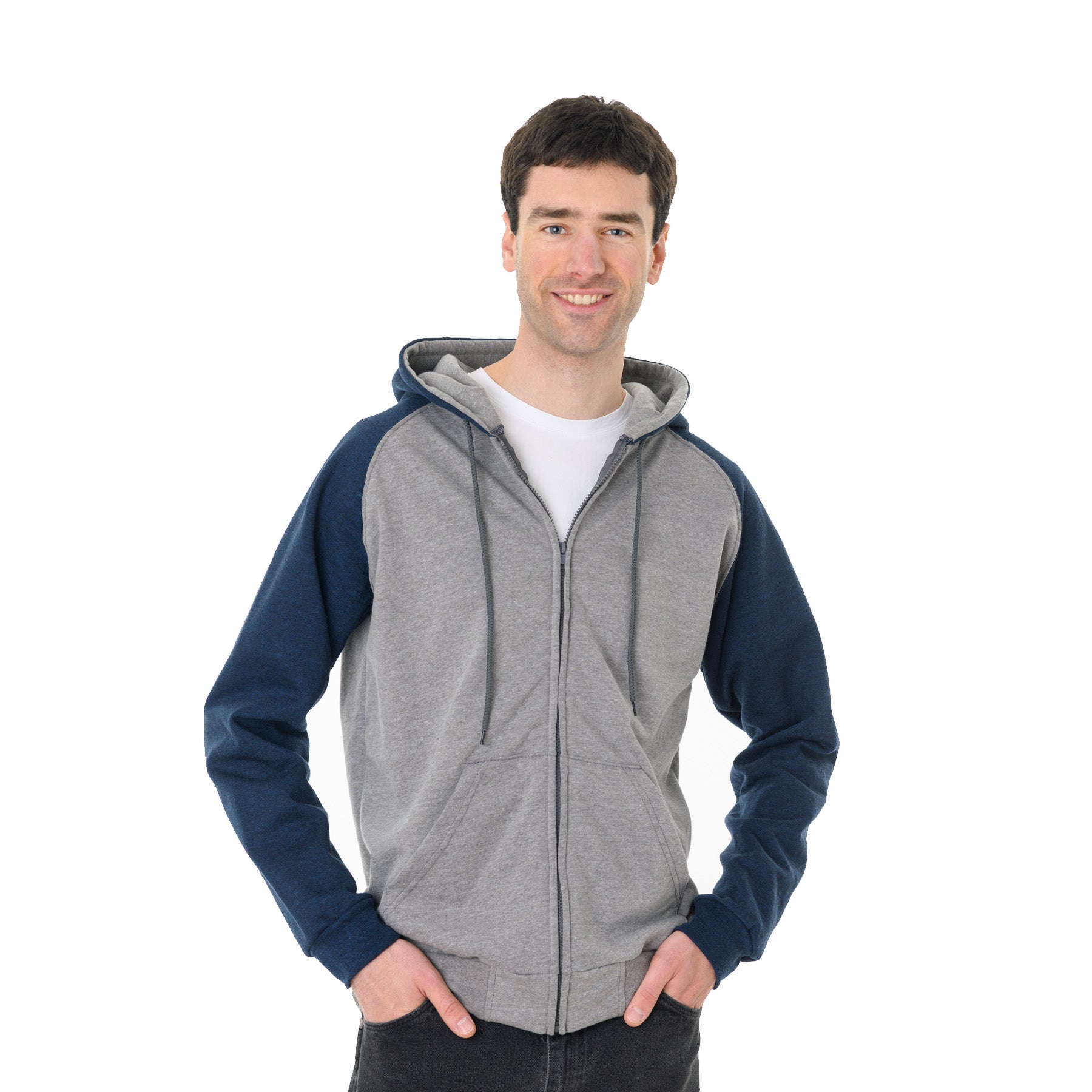A man models the King Athletics Raglan Hooded Full-Zip Sweatshirt in Grey Heather and Heather Navy.