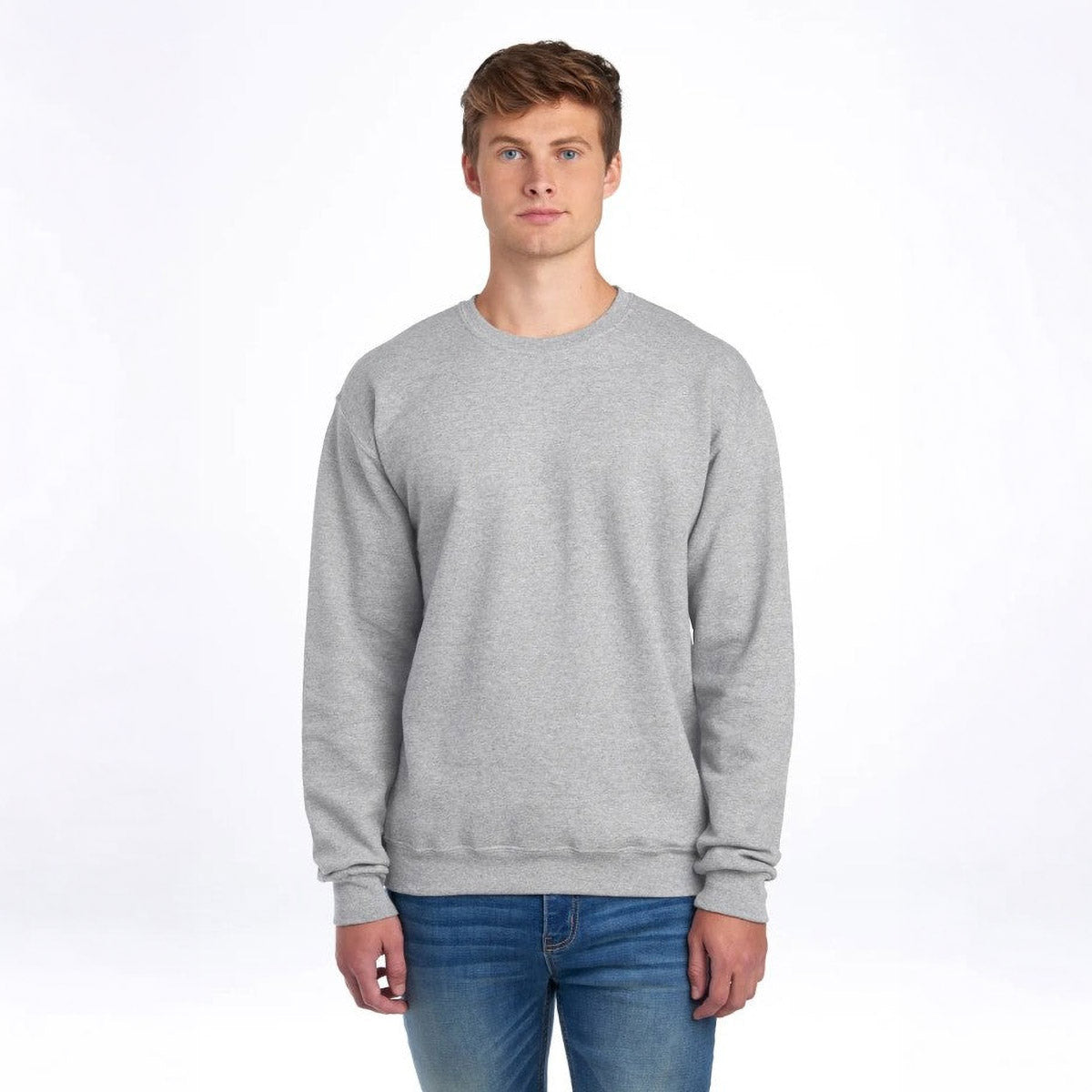 Model wearing a gray Jerzees NuBlend Adult Sweatshirt in Oxford color against a white background.