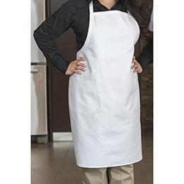 Premium Uniforms designer bib apron in white with two front pockets, worn over a black shirt and tan pants.