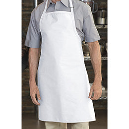 Premium Uniforms white bib apron worn over a gray collared shirt for a professional culinary look.