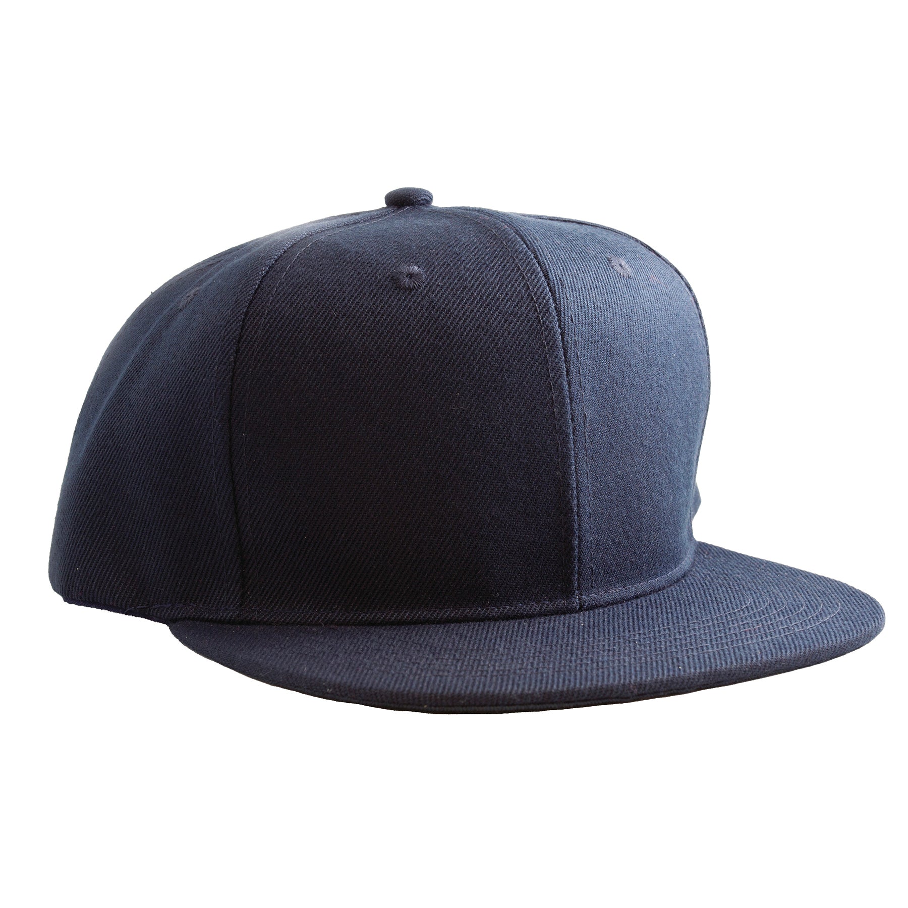 Navy KNP polyester twill high profile flat brim cap.