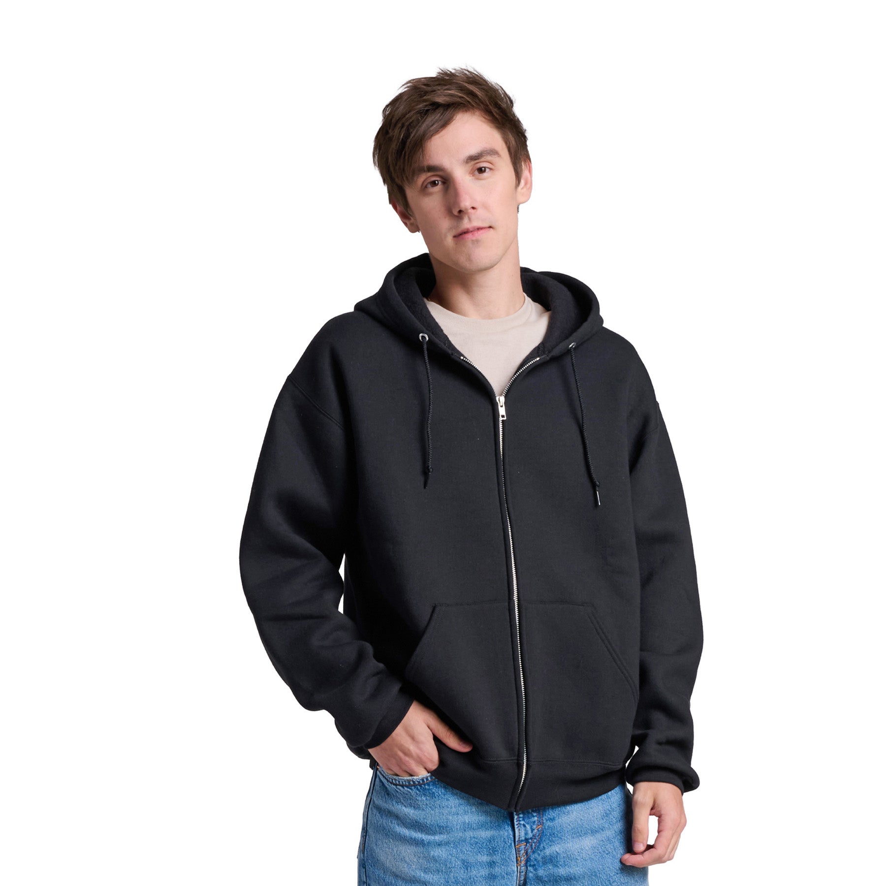 Man wearing a black Jerzees Rugged Unisex Full-Zip Hooded Sweatshirt against a white background.