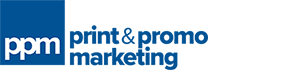 Blue and white PPM Print & Promo Marketing logo on a solid background.